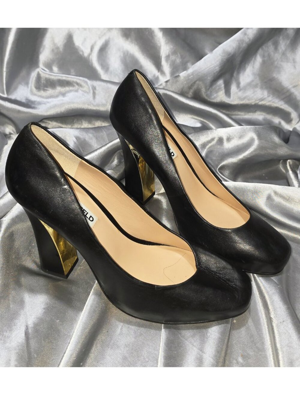 KARL LAGERFELD PARIS BLACK GOLD LEATHER BLOCK HEELED SQUARE TOE PUMPS SZ 7.5